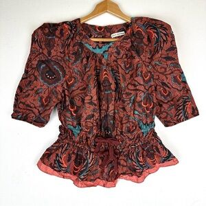 ULLA JOHNSON Denisa Carmine Print Puff Half Sleeve Tie Waist Top Shirt Blouse
